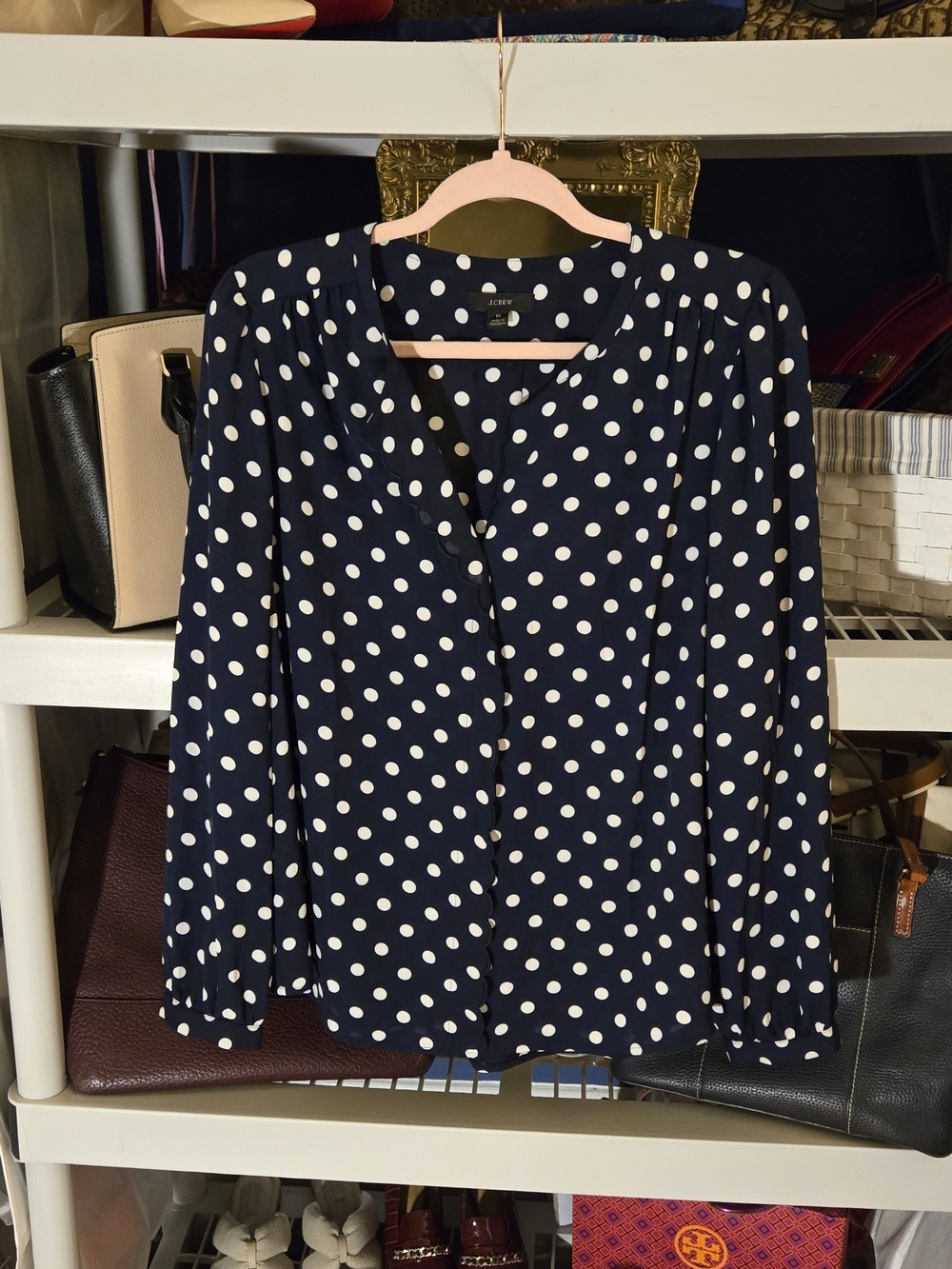 J. Crew Navy Polka Dot Long-Sleeve Blouse